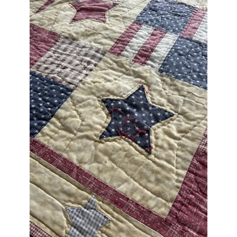 Americana Patchwork Quilt Set Full Queen Red White Blue Stars Rustic Farmhouse